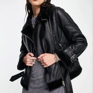 Topshop Black Faux Leather Bomber Jacket with Shearling Trim